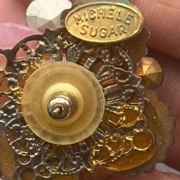 Vintage Michele Sugar Pink Clamshell Pink White Stone Rhinestone Earrings - Picture 4 of 10